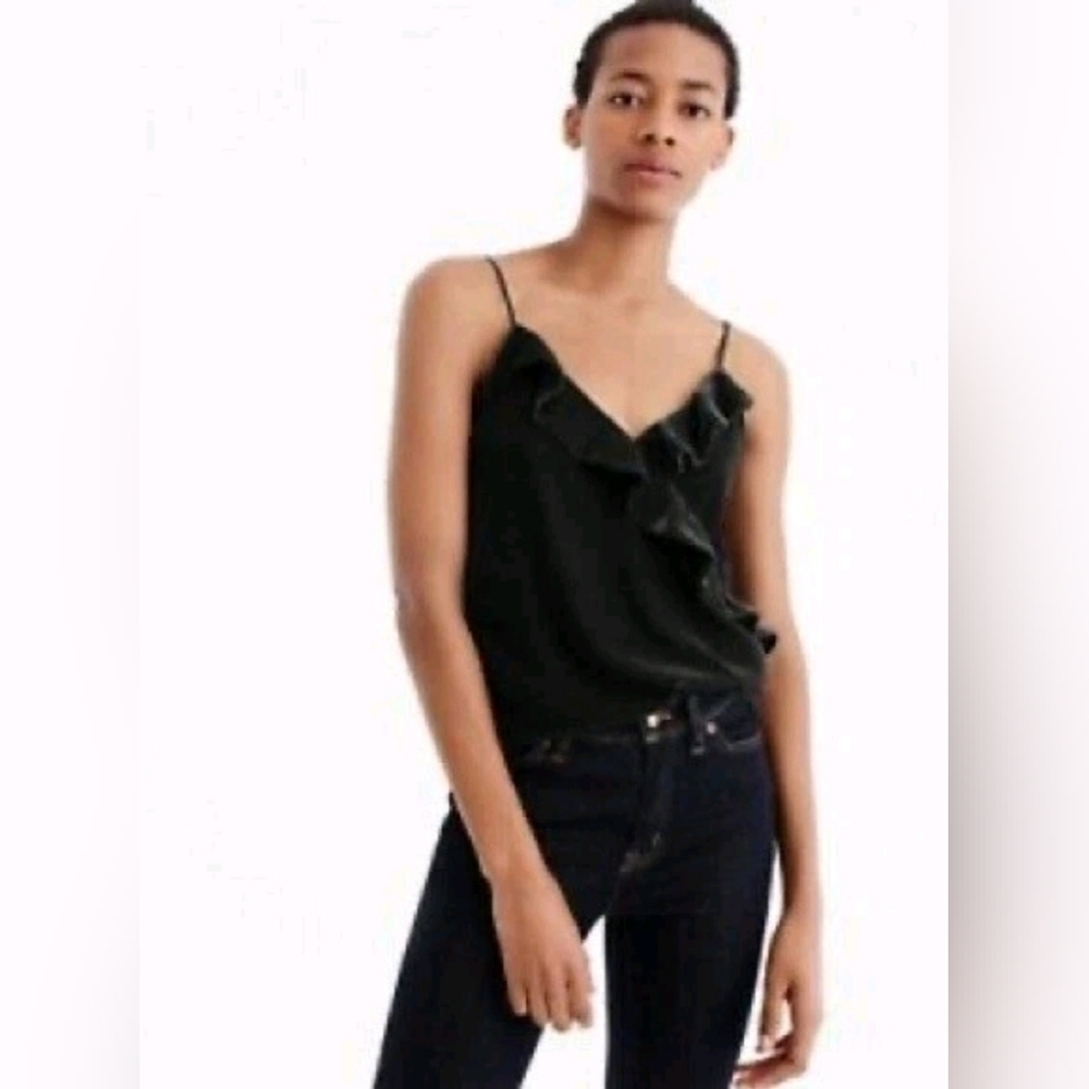 J. Crew Going Out Black Ruffled Velvet Flirty Sexy Cami Top Women's sz 8